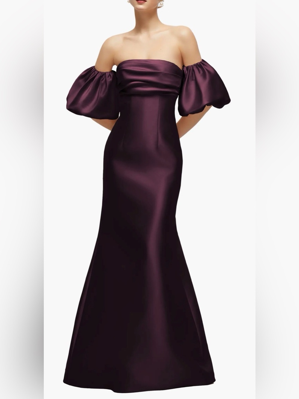 NEW Alfred Sung Off the Shoulder Puff Sleeve deep plum Satin Gown Sz 16